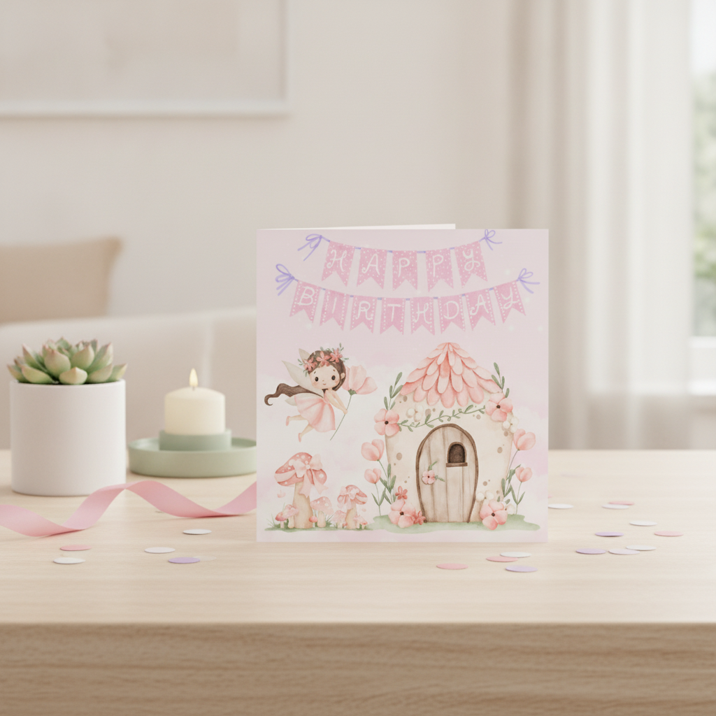 Pink Fairy Birthday Card - Square Greeting Card for Her