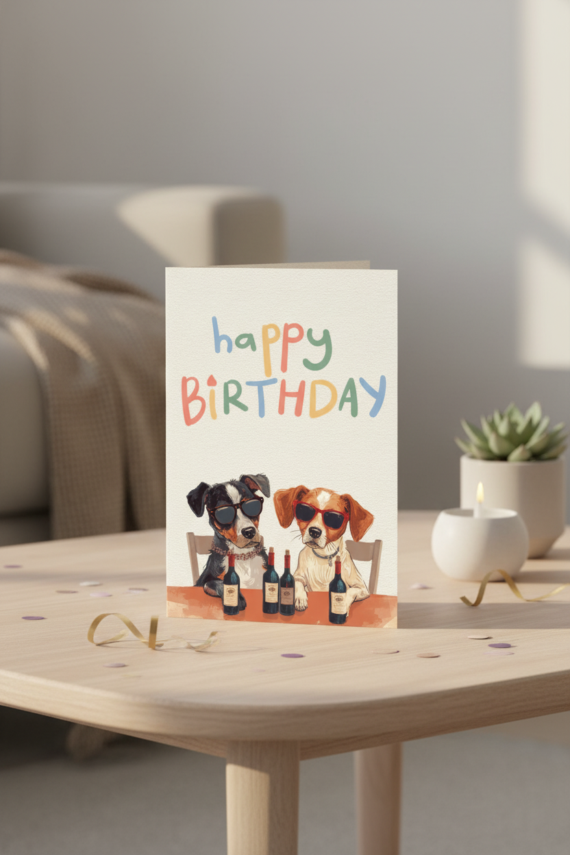 Funny Dog Birthday Card | Wine & Dogs Happy Birthday