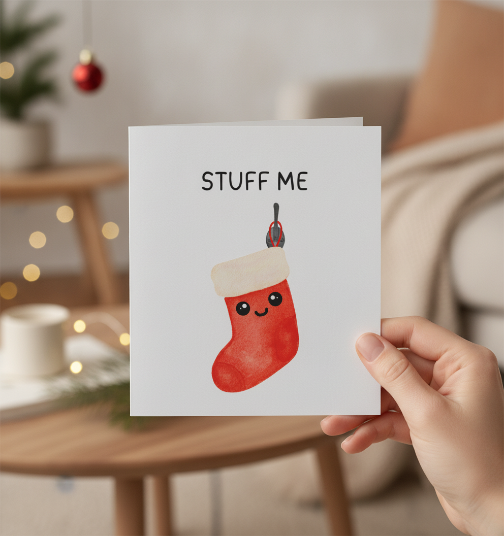 Cheeky "Stuff Me Stocking" Christmas Card (Square) for a Naughty Season