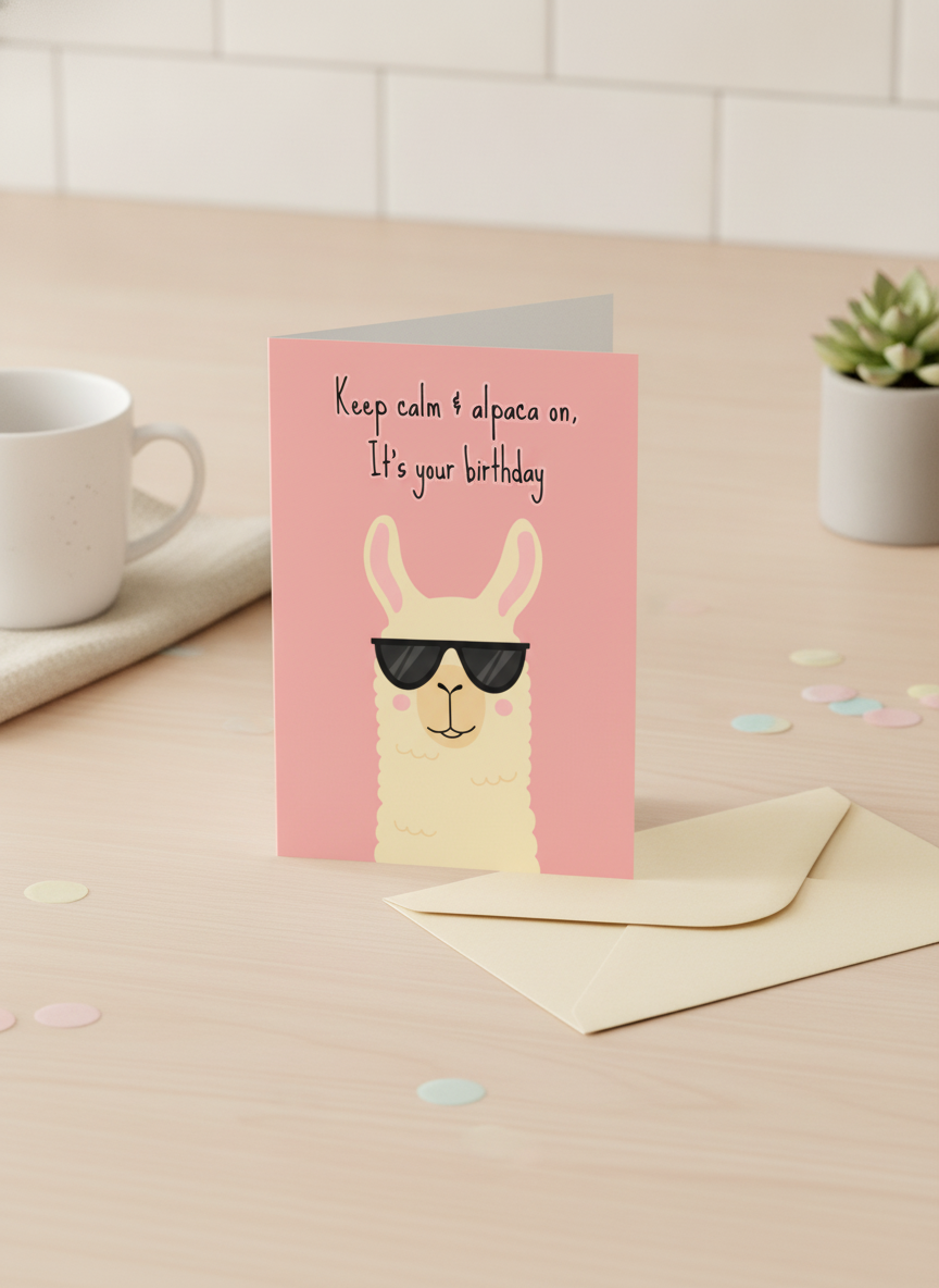 Keep Calm & Alpaca On Birthday Card - A5 Humour for Friends & Family