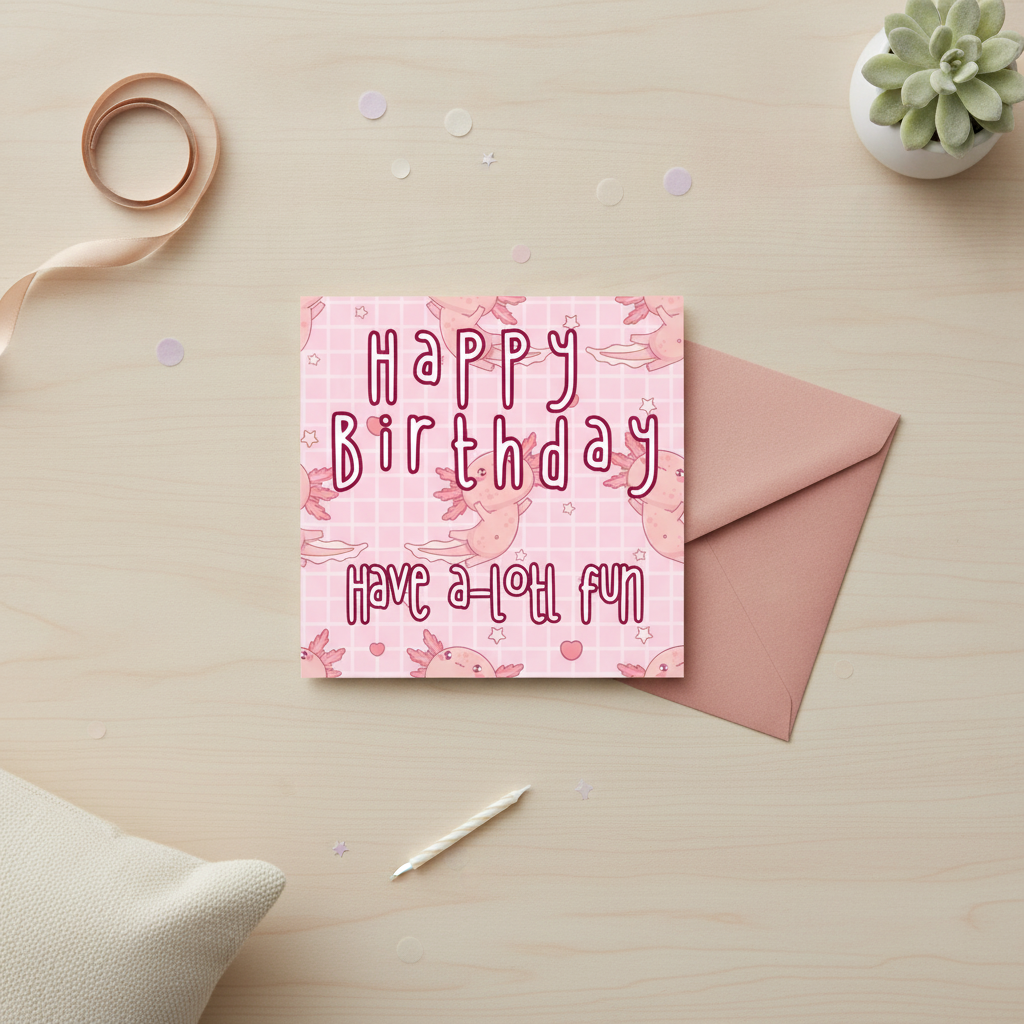 Cute Pink Axolotl Birthday Card - Square Greeting for a Special Celebration