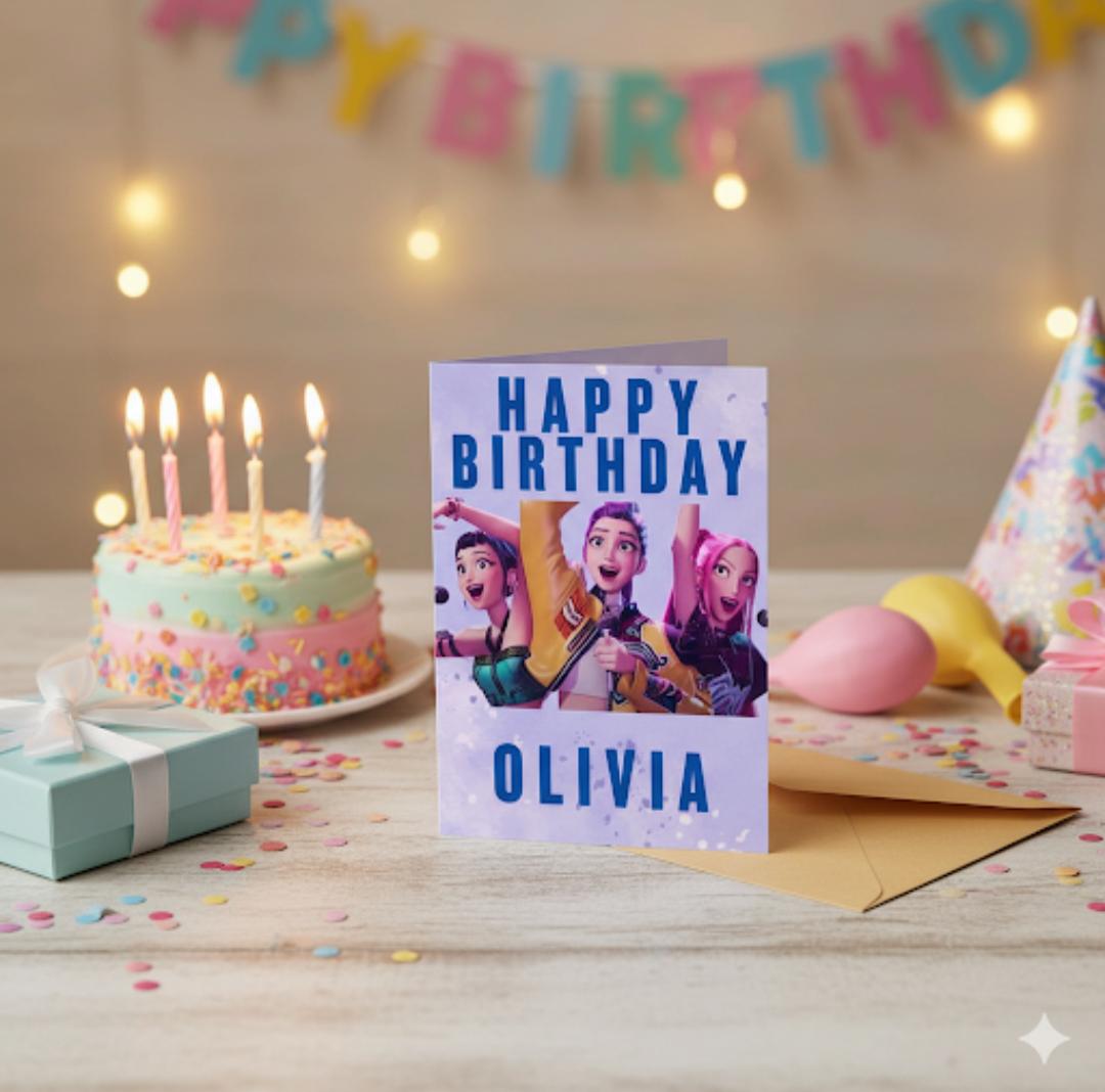 Kids Personalised Custom K-Pop Birthday Card, Purple A5