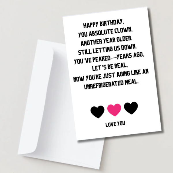 Funny Rude Birthday Card – Sarcastic Roast for Friends or Partner – A6/A5 Matte, Blank Inside