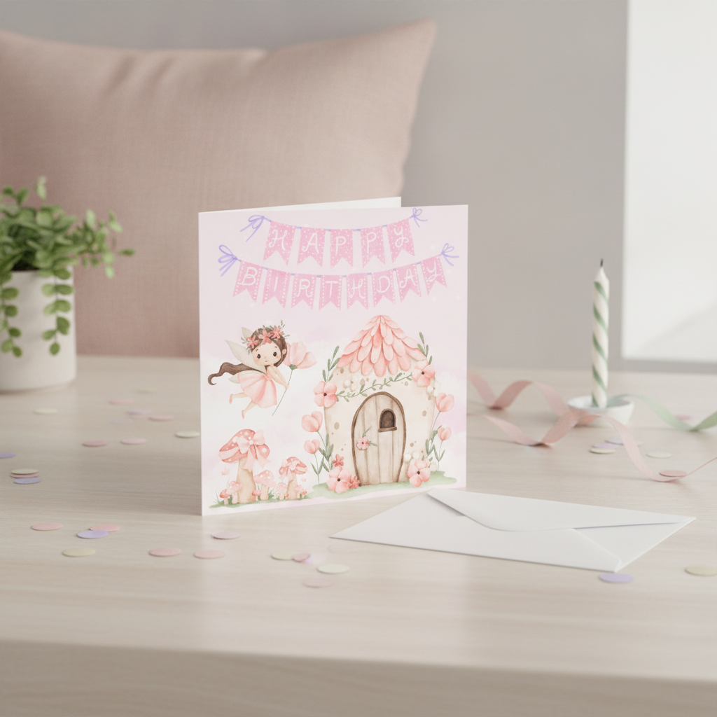 Pink Fairy Birthday Card - Square Greeting Card for Her