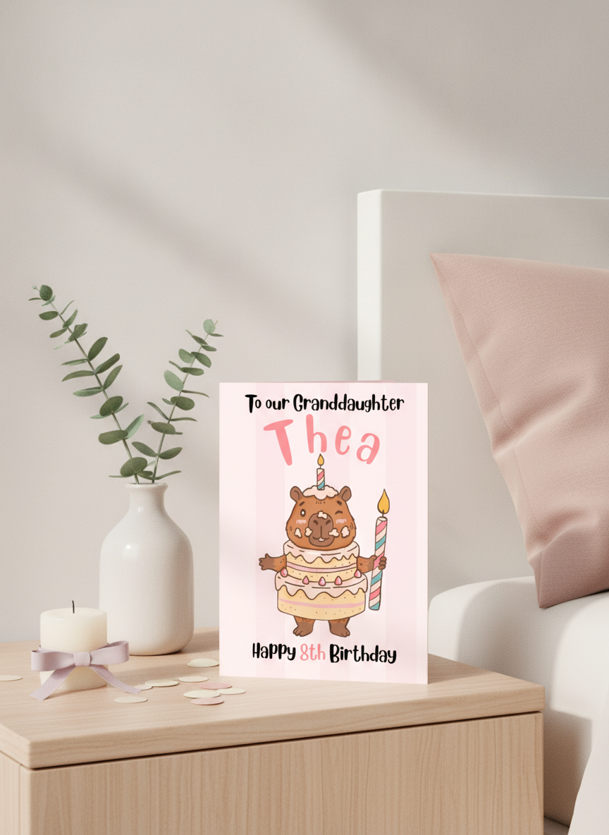 Personalised Birthday Card: Capybara with Cake - A5 UK Printed
