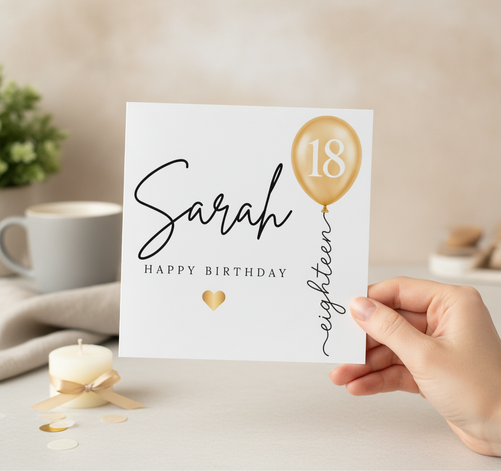 Personalised 18th Birthday Card with Gold Balloon Design - Square