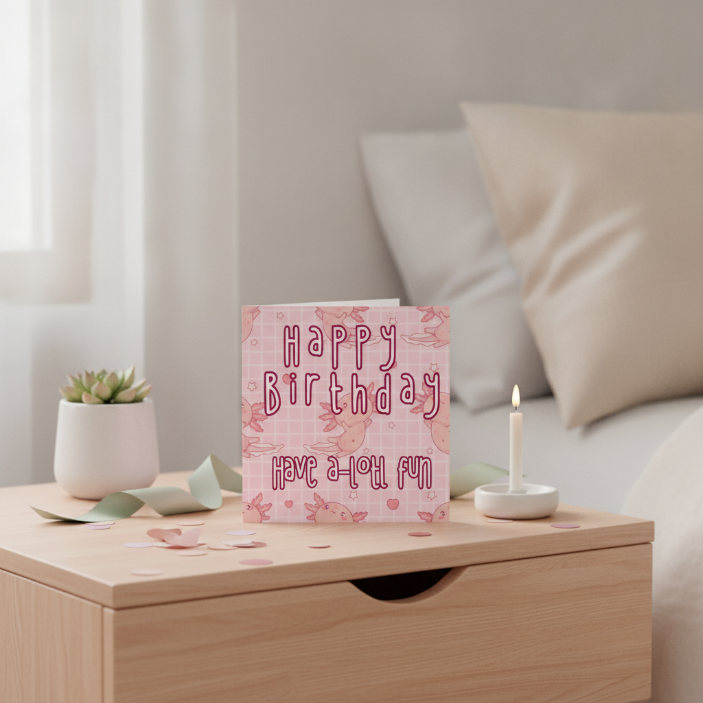 Cute Pink Axolotl Birthday Card - Square Greeting for a Special Celebration
