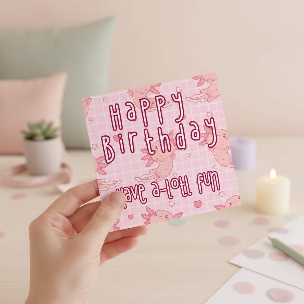 Cute Pink Axolotl Birthday Card - Square Greeting for a Special Celebration