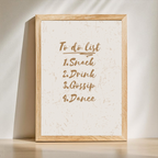 To Do List Funny Kitchen Print – Fun Snack, Drink, Gossip & Dance Wall Art