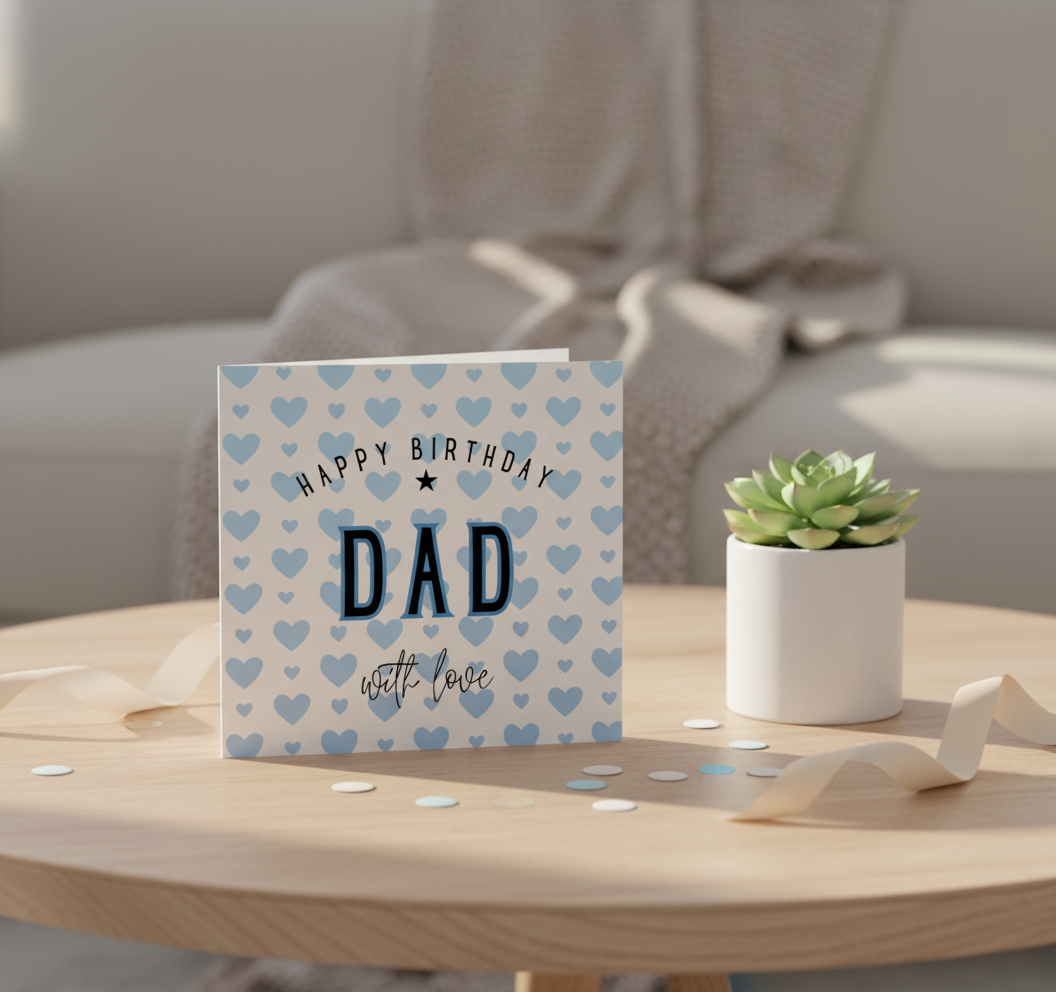 Birthday Card for Dad - 'Dad' with Love Hearts Design (Square)