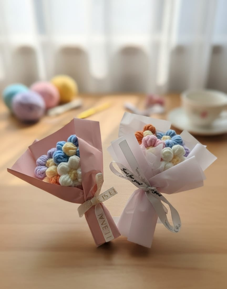 Mini Pink Crochet Daisy Bouquet