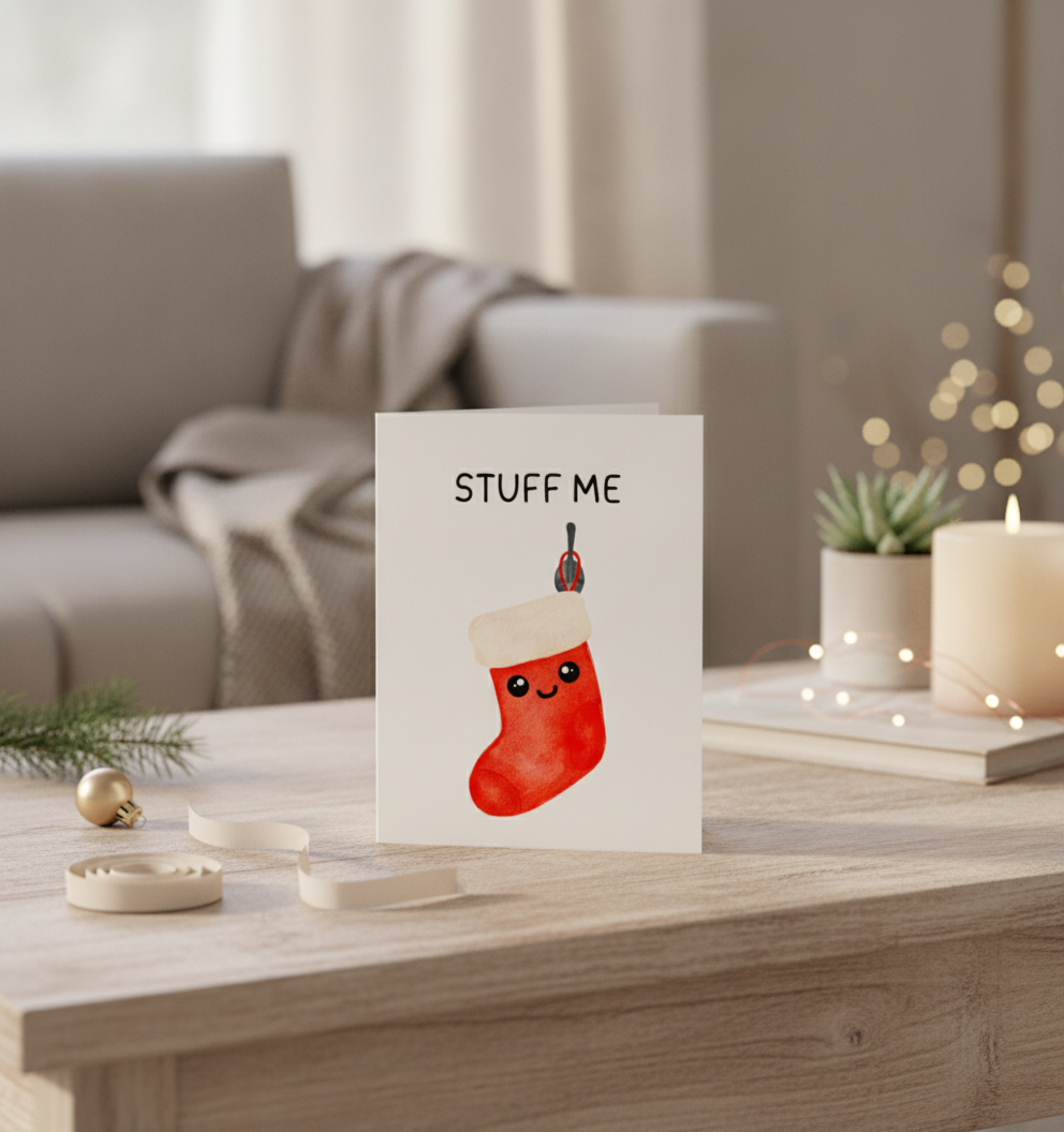 Cheeky "Stuff Me Stocking" Christmas Card (Square) for a Naughty Season
