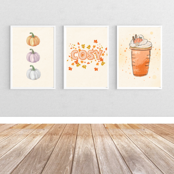 Autumn A4 Wall Prints – Pumpkins, Cosy Quote & Pumpkin Spice Latte | Print Only or Framed