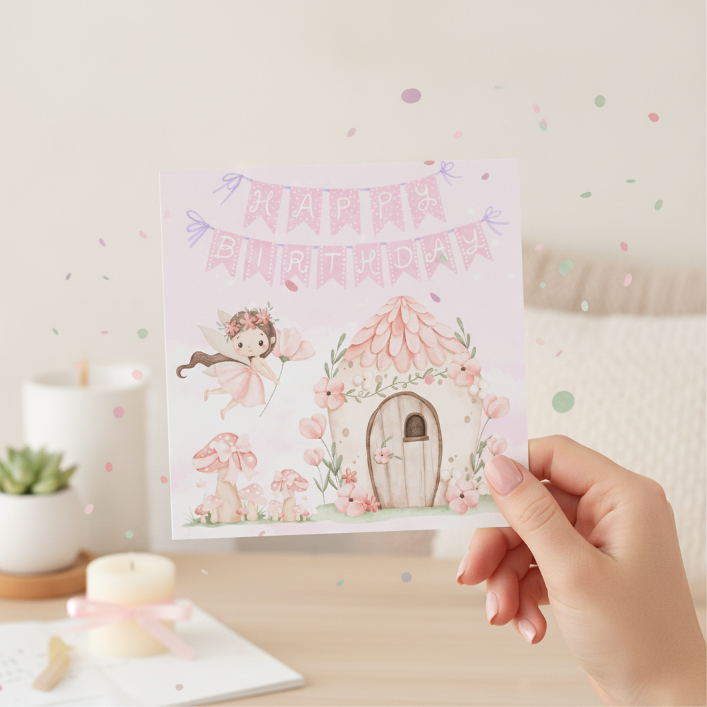 Pink Fairy Birthday Card - Square Greeting Card for Her