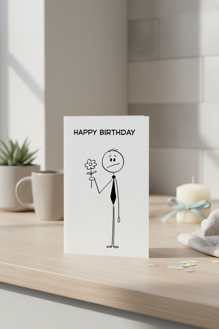 Funny Stick Figure Birthday Card | Minimalist Humour A5, A6 & Square