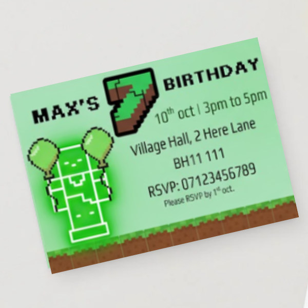 Personalised Minecraft Birthday Invitation | Birthday Party Invite | A6 with Envelope