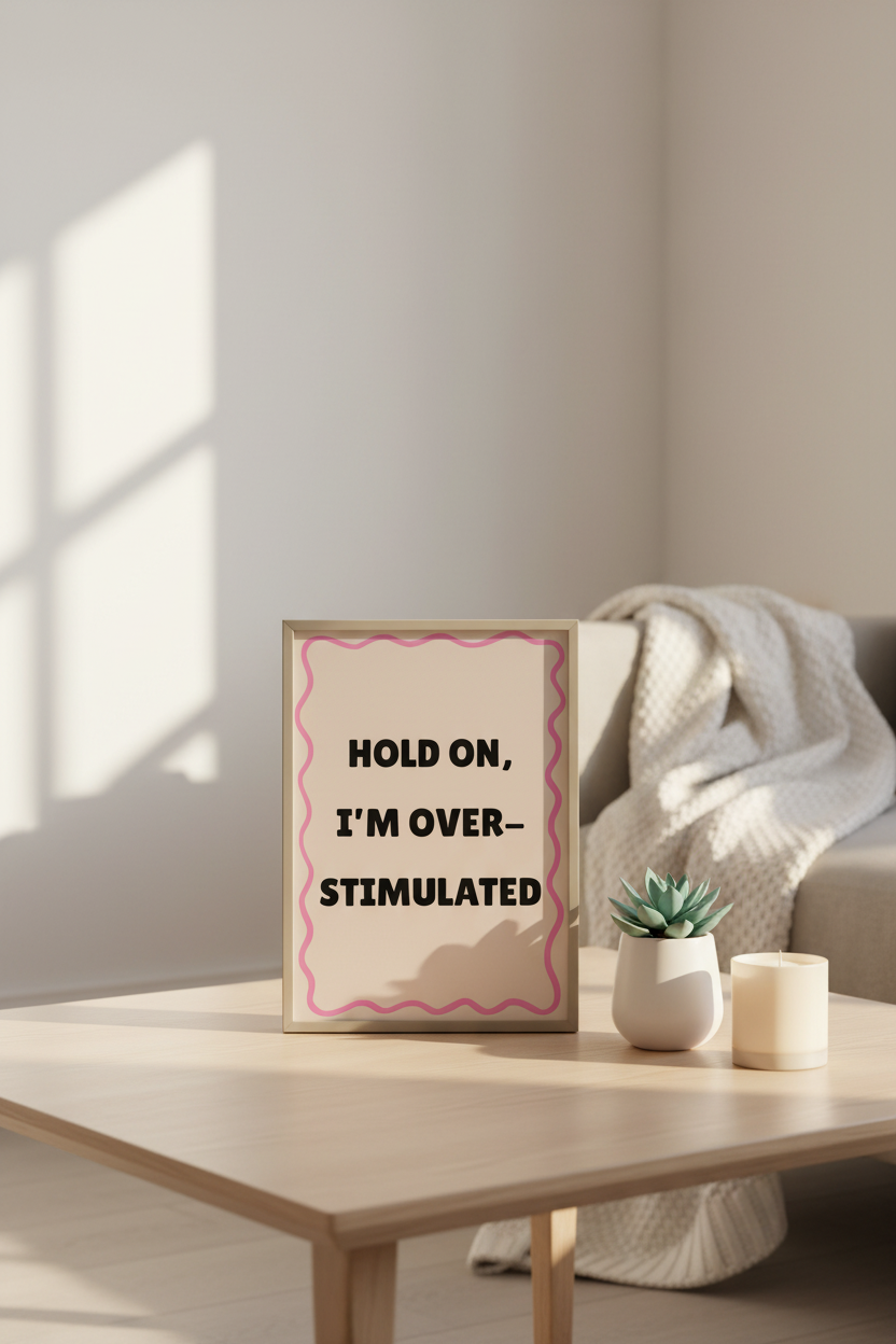 Hold On, I’m Overstimulated A4 Typographic Art Print – For Life's Louder Moments