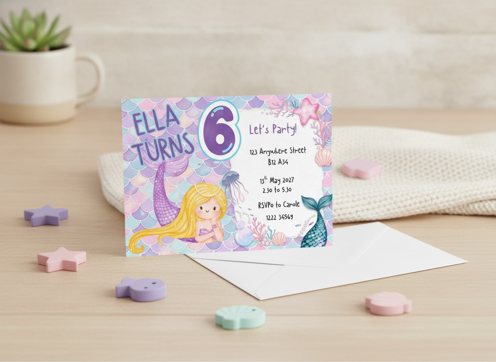 Mermaid Theme Kids Party Invitations A6 – Splash-tastic Fun!