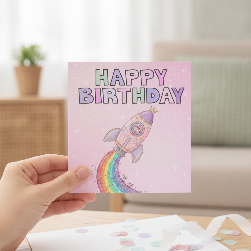 Pink Space Rocket Birthday Card - Square Card for Any Age