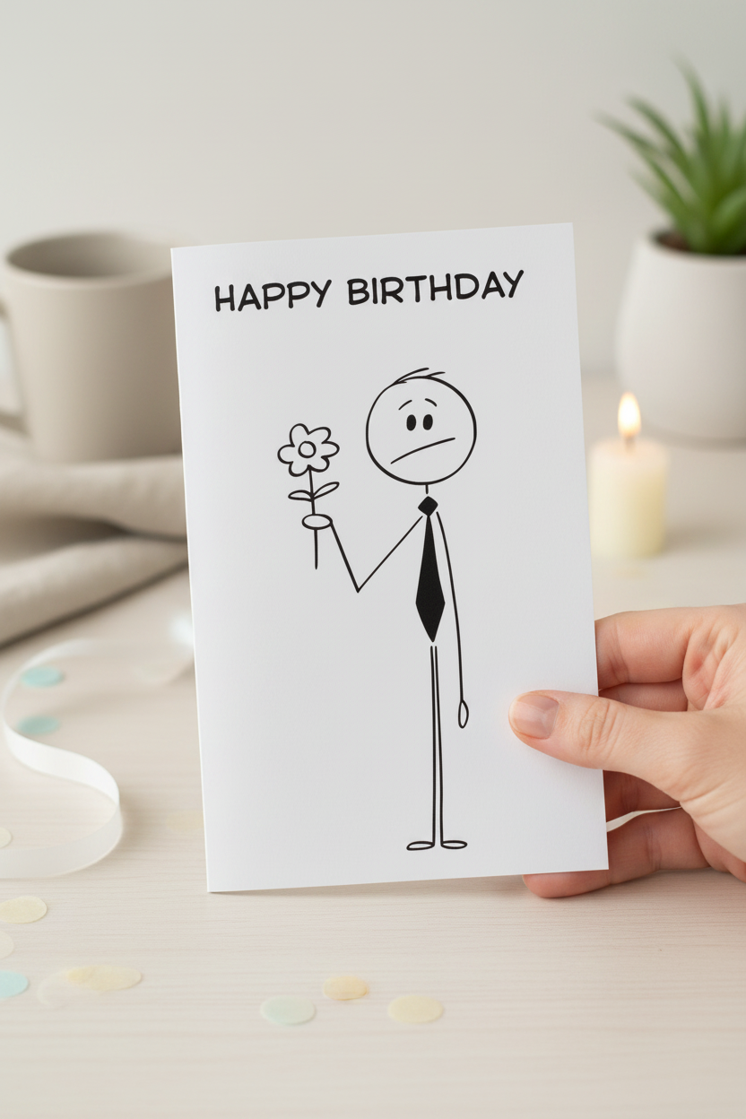 Funny Stick Figure Birthday Card | Minimalist Humour A5, A6 & Square