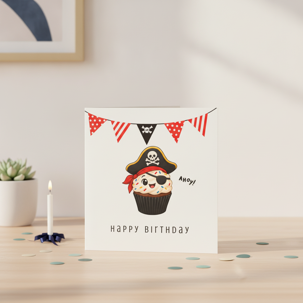 Ahoy Pirate Cupcake Birthday Card - Square Greeting for a Swashbuckling Party