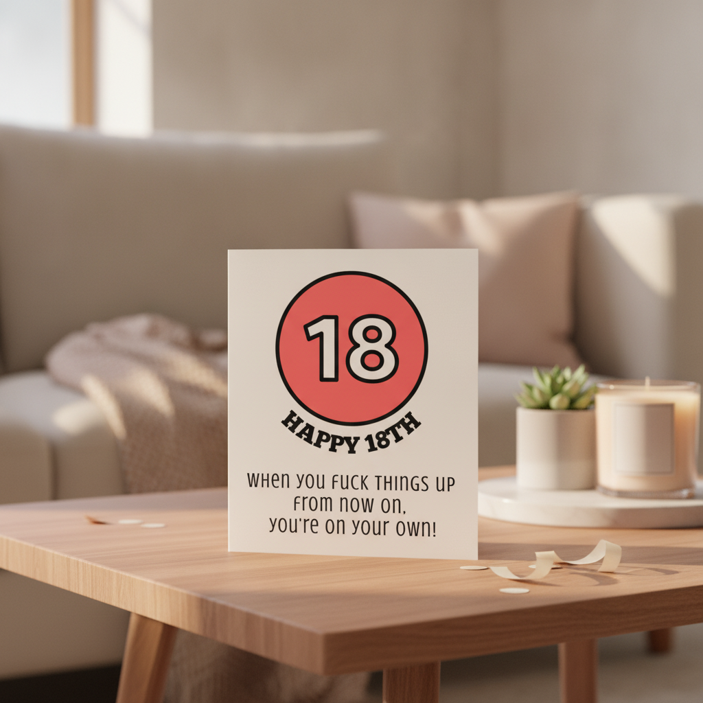 Happy 18th Birthday Card: 'You're On Your Own' Funny Square Print from UK