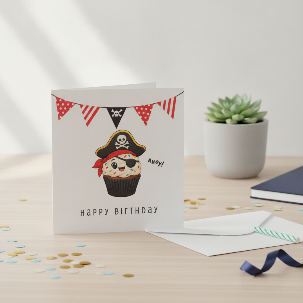 Ahoy Pirate Cupcake Birthday Card - Square Greeting for a Swashbuckling Party