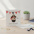 Ahoy Pirate Cupcake Birthday Card - Square Greeting for a Swashbuckling Party