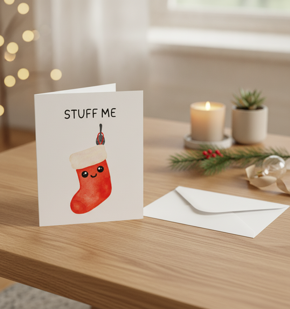 Cheeky "Stuff Me Stocking" Christmas Card (Square) for a Naughty Season