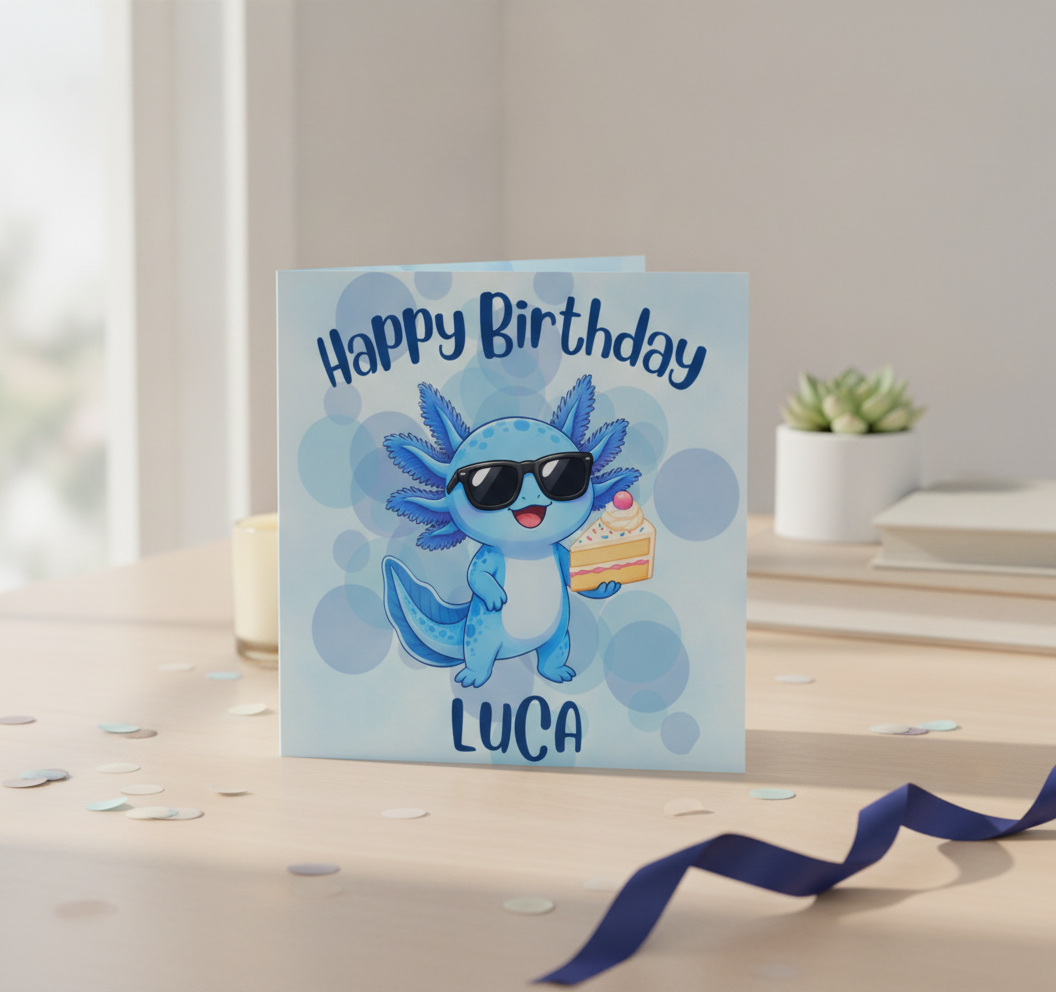 Personalised Blue Axolotl Birthday Card with Cake – Square & Cute