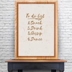 To Do List Funny Kitchen Print – Fun Snack, Drink, Gossip & Dance Wall Art
