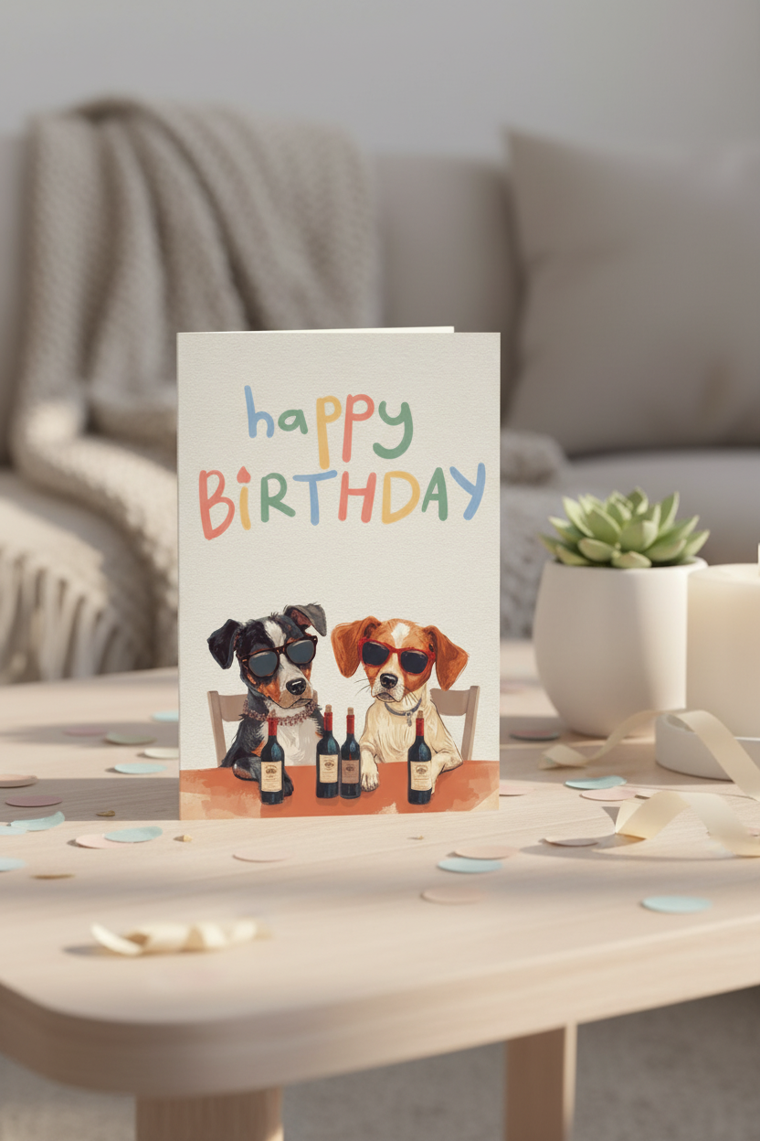 Funny Dog Birthday Card | Wine & Dogs Happy Birthday