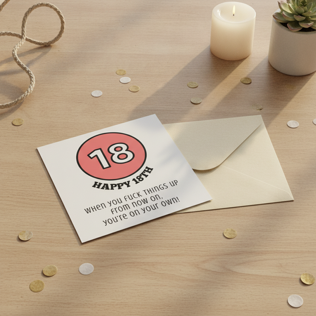Happy 18th Birthday Card: 'You're On Your Own' Funny Square Print from UK