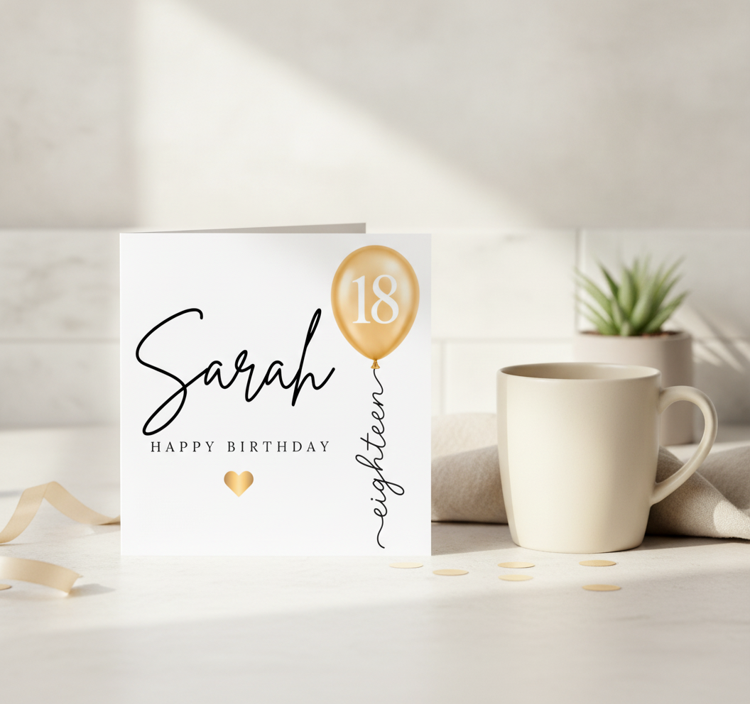Personalised 18th Birthday Card with Gold Balloon Design - Square
