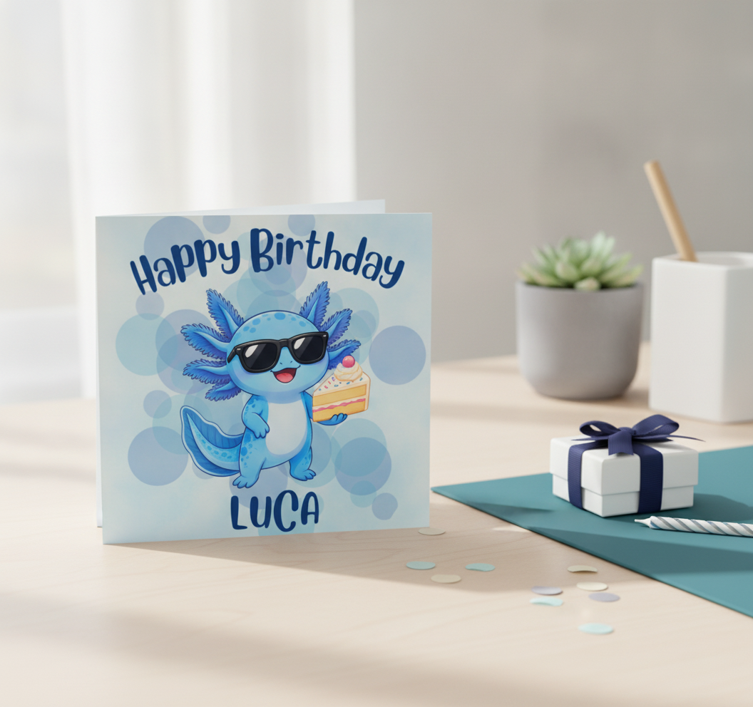 Personalised Blue Axolotl Birthday Card with Cake – Square & Cute