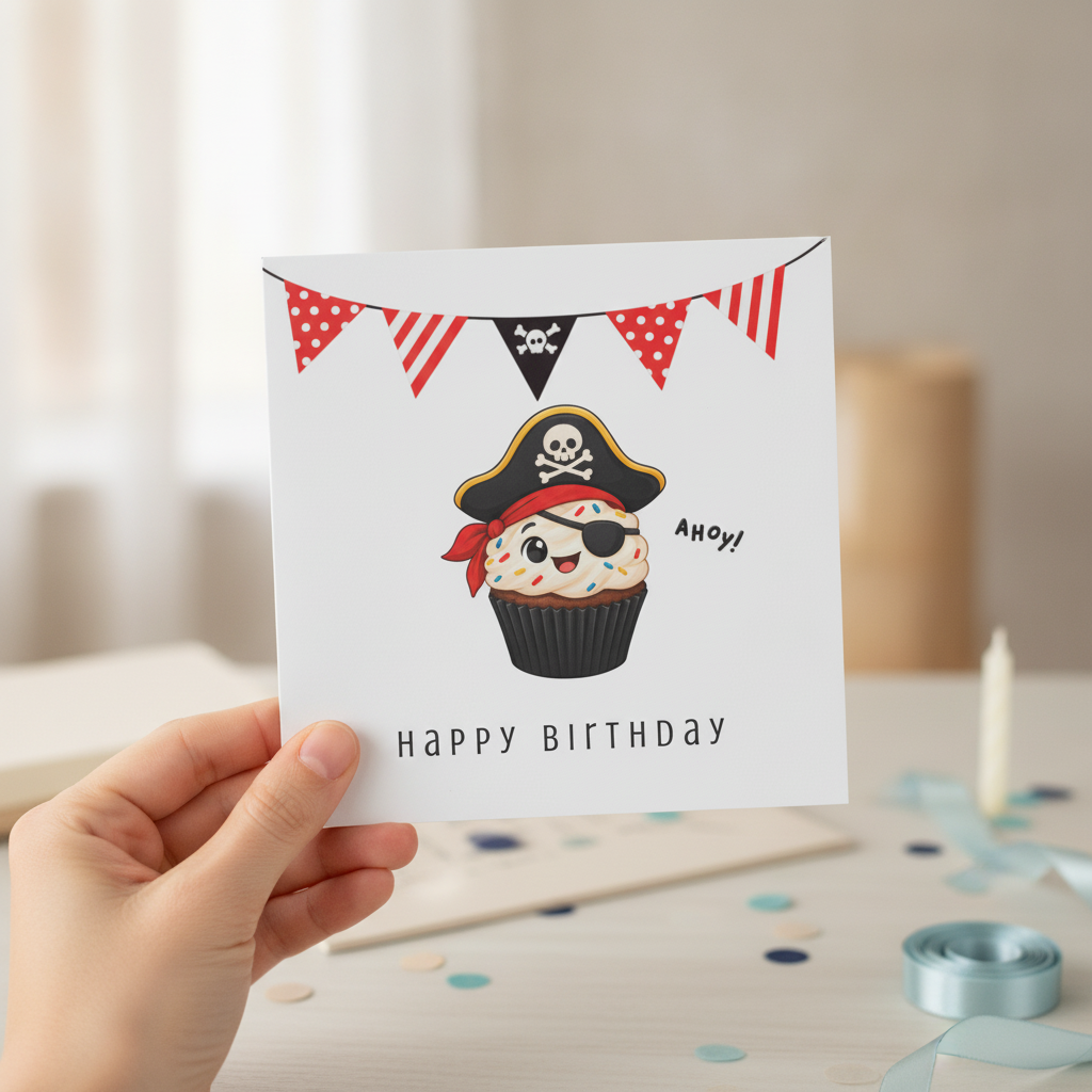 Ahoy Pirate Cupcake Birthday Card - Square Greeting for a Swashbuckling Party