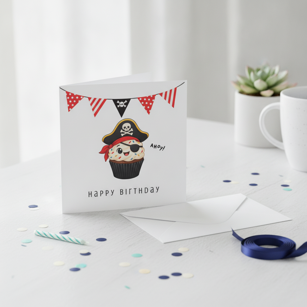 Ahoy Pirate Cupcake Birthday Card - Square Greeting for a Swashbuckling Party