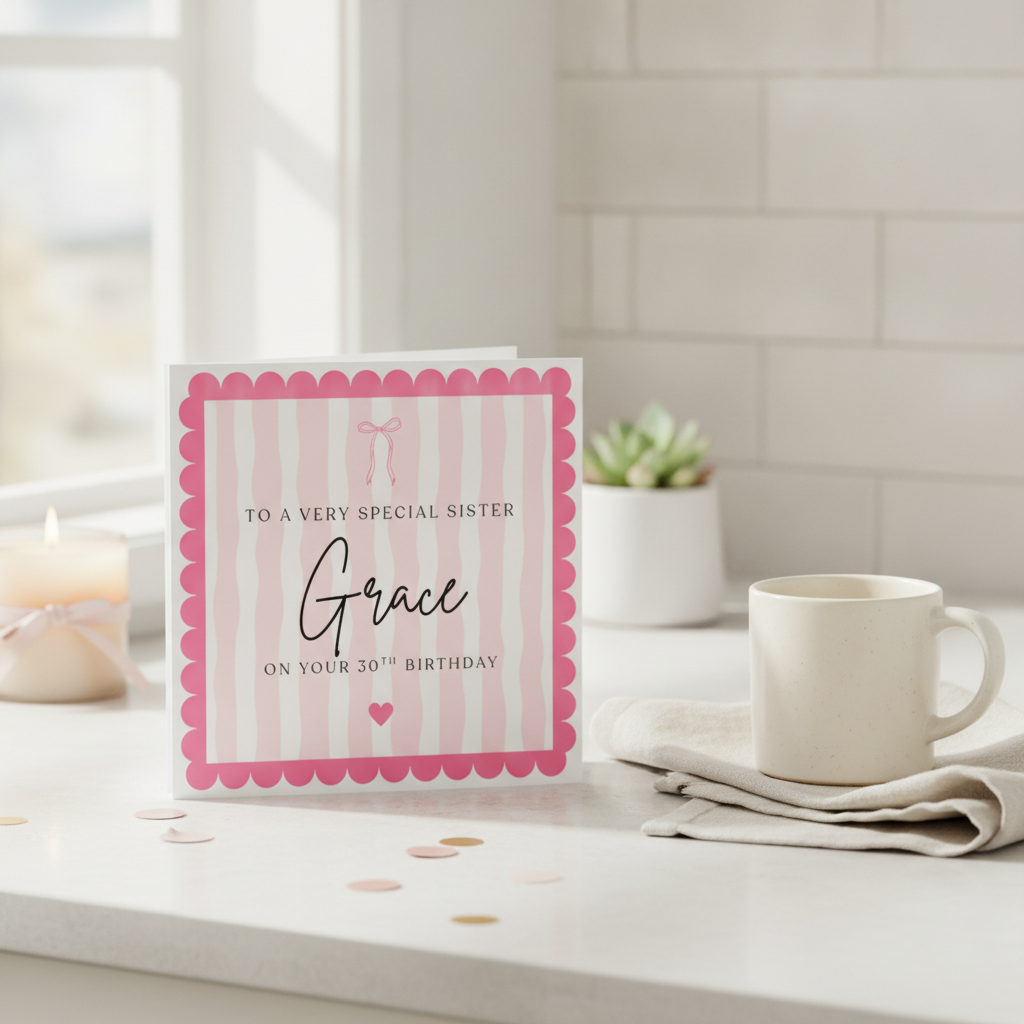 Personalised Pink Bow 30th Birthday Card - Chic Square Design for Her