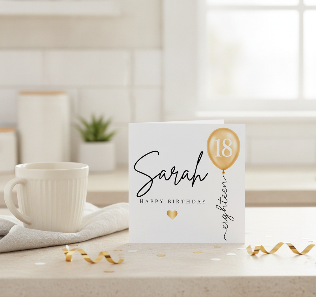 Personalised 18th Birthday Card with Gold Balloon Design - Square