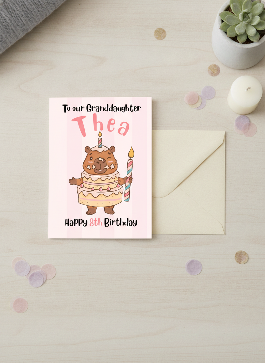Personalised Birthday Card: Capybara with Cake - A5 UK Printed