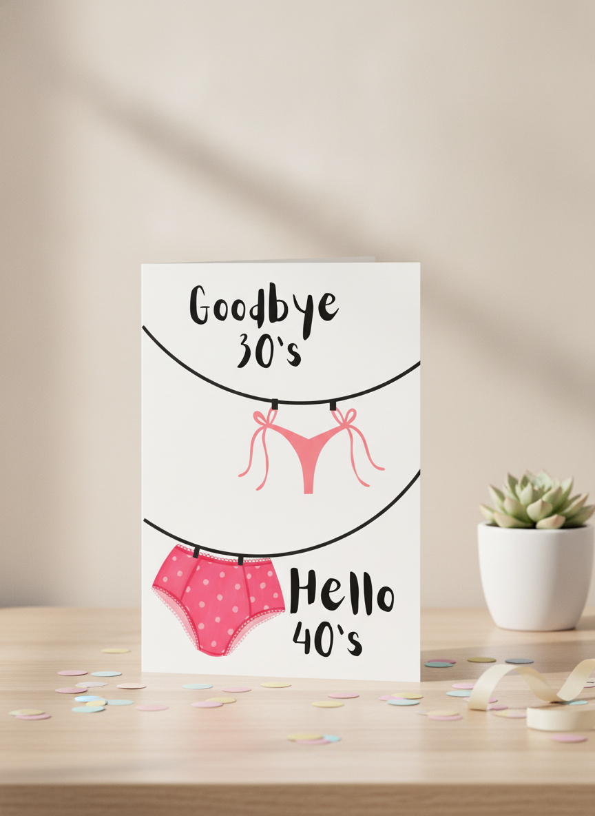 Cheers to 40! Funny 'Goodbye 30s, Hello 40s' A5 Birthday Card
