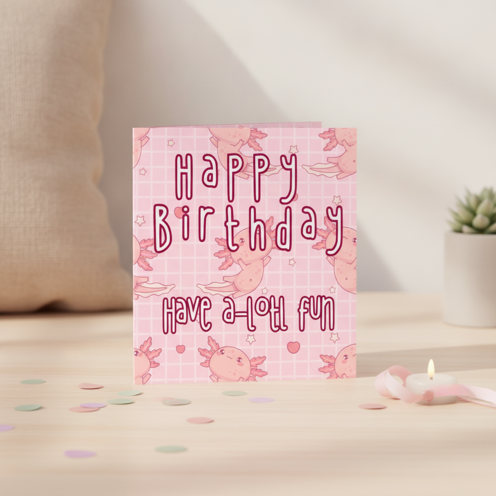 Cute Pink Axolotl Birthday Card - Square Greeting for a Special Celebration
