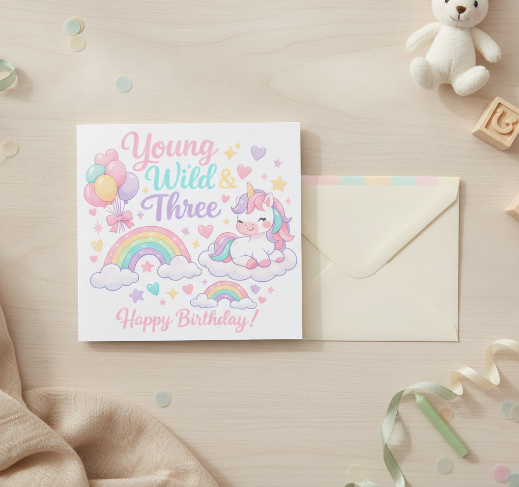 Young Wild & Three 3rd Birthday Card – Square & Ready for Fun