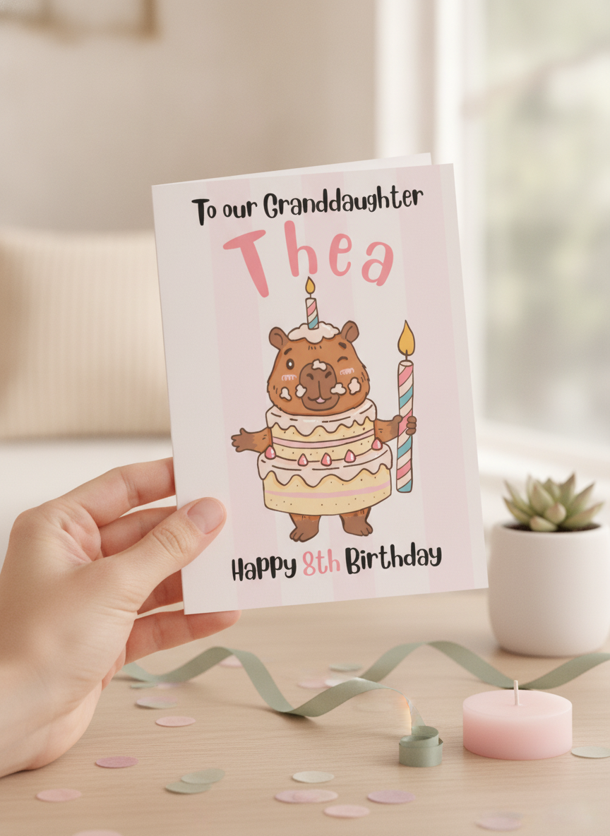 Personalised Birthday Card: Capybara with Cake - A5 UK Printed