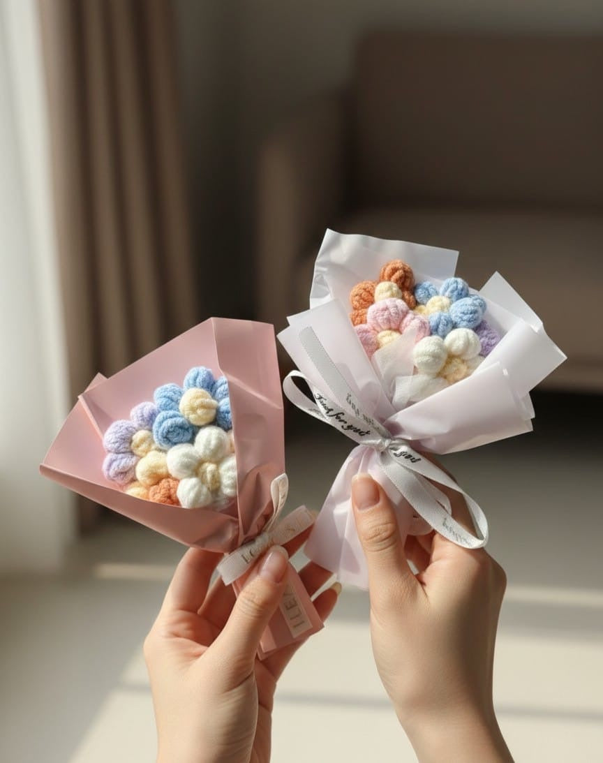 Mini Pink Crochet Daisy Bouquet