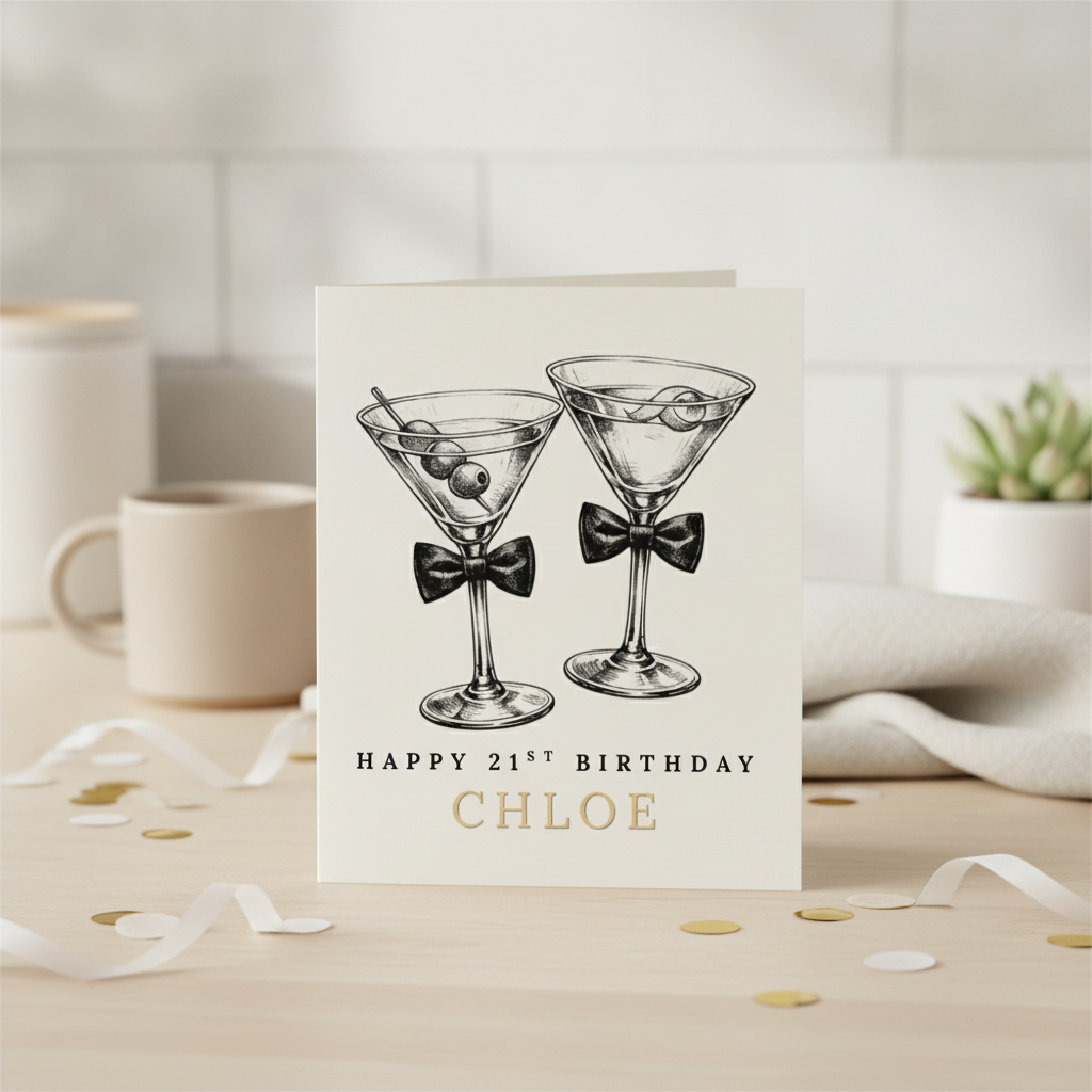 Personalised 21st Birthday Card with Bow Glass Design | Customised for Her