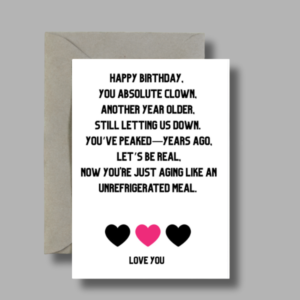 Funny Rude Birthday Card – Sarcastic Roast for Friends or Partner – A6/A5 Matte, Blank Inside