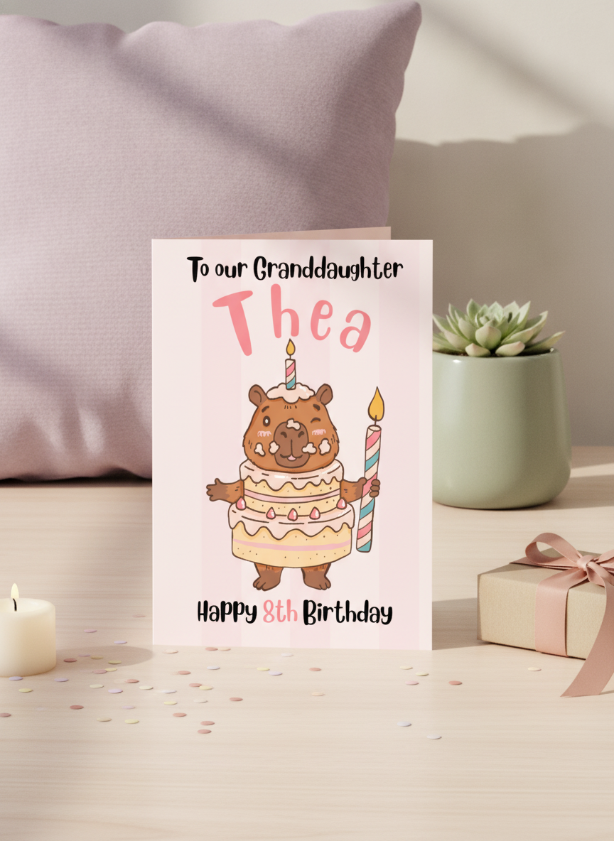 Personalised Birthday Card: Capybara with Cake - A5 UK Printed