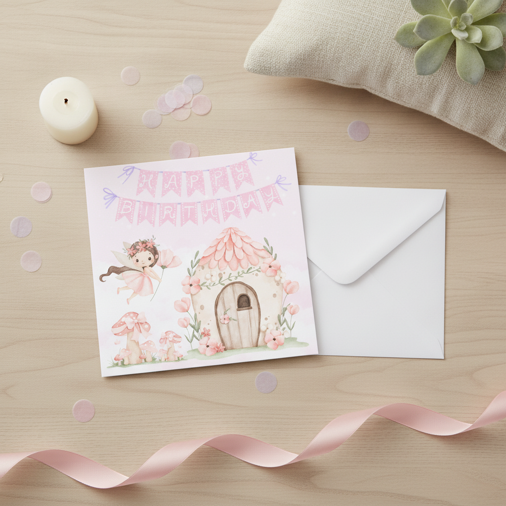 Pink Fairy Birthday Card - Square Greeting Card for Her