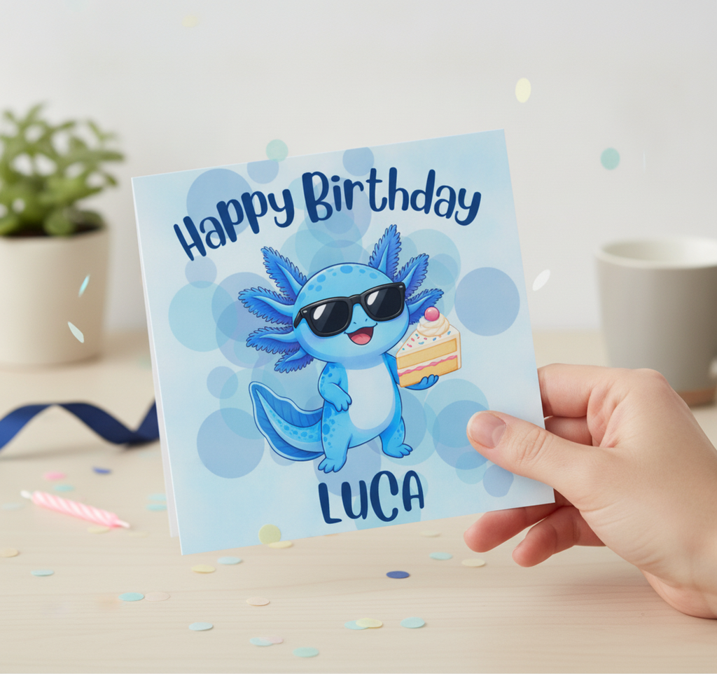 Personalised Blue Axolotl Birthday Card with Cake – Square & Cute
